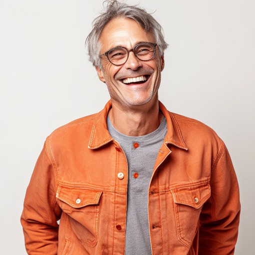 middle-aged man in orange jacket smiling 