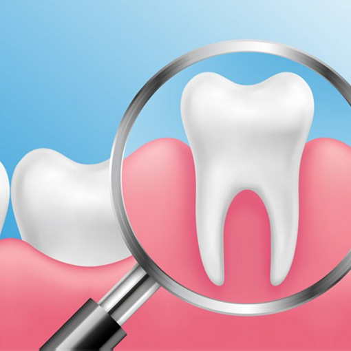 Magnifying glass inspecting a tooth and surrounding gum tissue