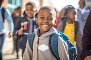 young child with backpack smiling at school 