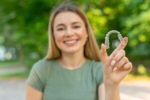 Woman smiling and holding up her Invisalign tray